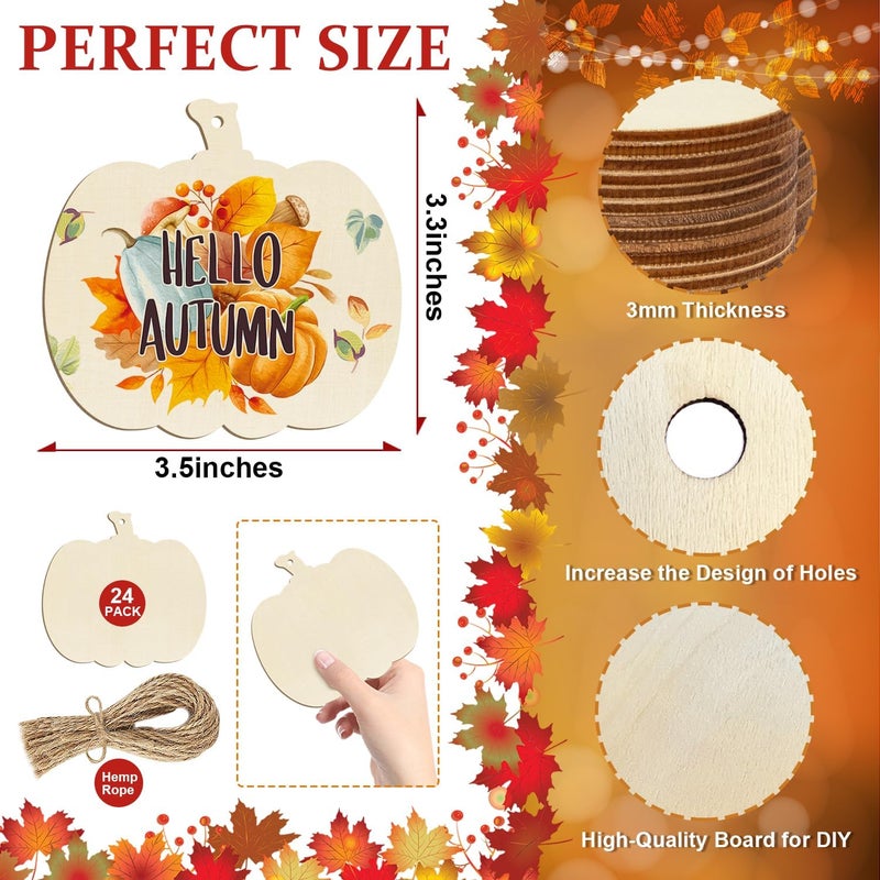 Sophena Wooden Pumpkins Ornaments to Paint Halloween Thanksgiving Decoration Cutouts Unfinished 24PCS 3.5 inches, DIY Blank Unfinished Pumpkin Wood Discs Ornament for Home Harvest Crafts Hanging Autumn - Image 2